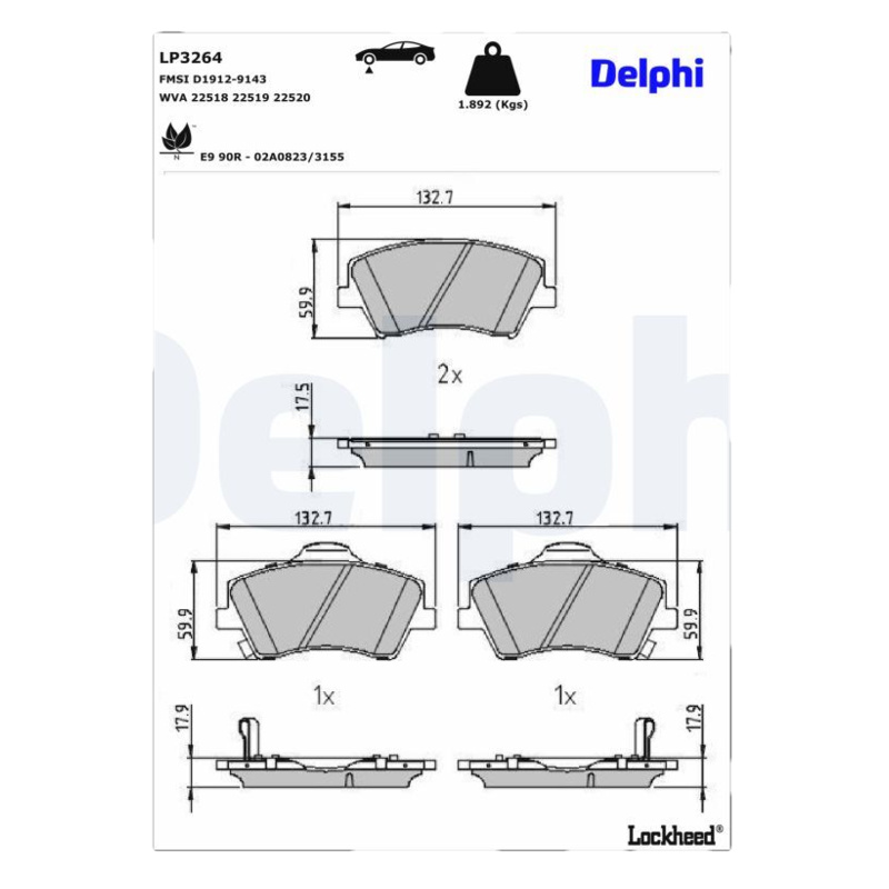 DELPHI Sada brzdových platničiek kotúčovej brzdy LP3264