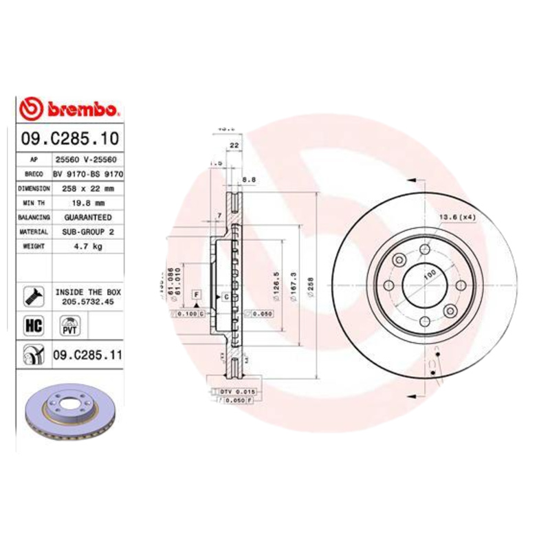 BREMBO Brzdový kotúč 09C28511