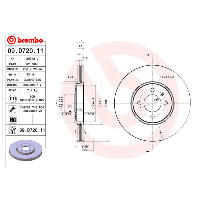 BREMBO Brzdový kotúč 09D72011