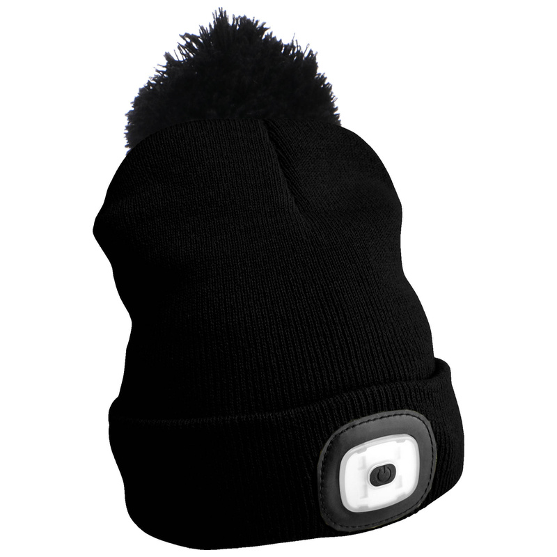 Čepice s čelovkou 180lm, nabíjecí, USB, univerzální velikost, bavlna/PE, černá s bambulkou