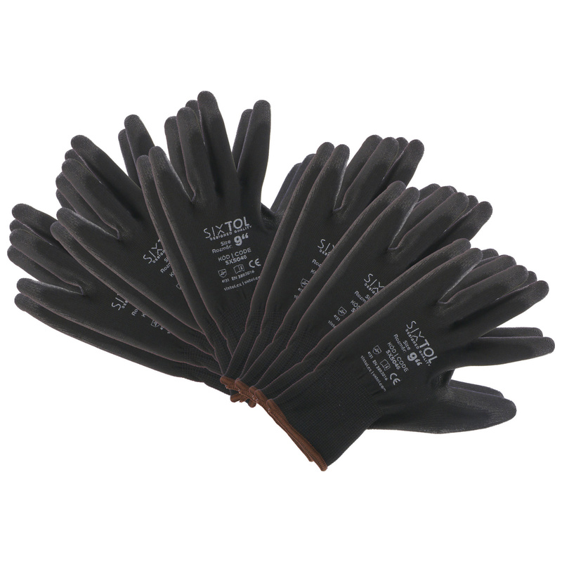 Rukavice pracovní z polyesteru polomáčené v PU GLOVE PE-PU 9, černé, vel 9", 6 párů