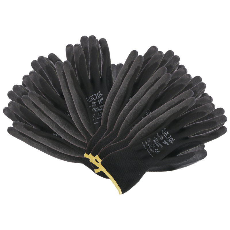 Rukavice pracovní z polyesteru polomáčené v PU GLOVE PE-PU 11, černé, vel 11", 6 párů